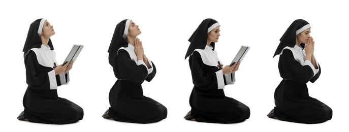 Collage with photos of young nun praying on white background
