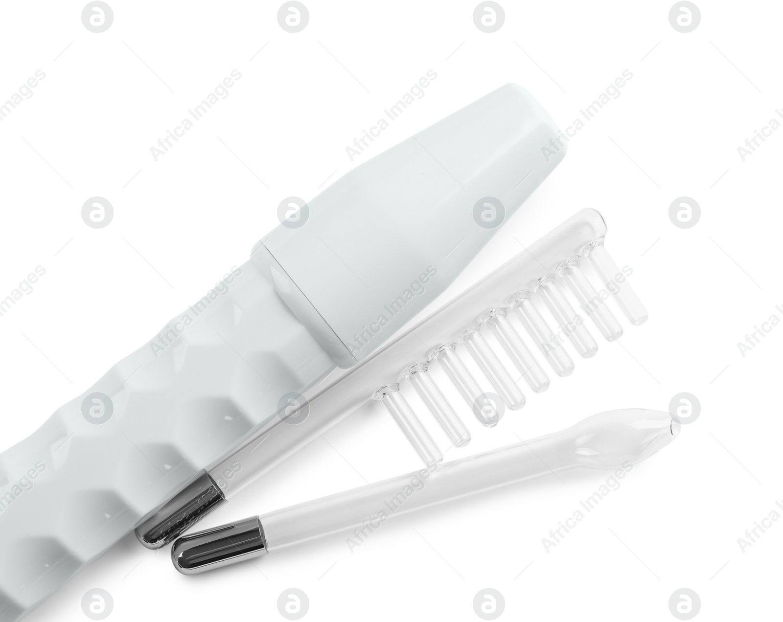 Photo of Modern darsonval with nozzles on white background, top view. Microcurrent therapy