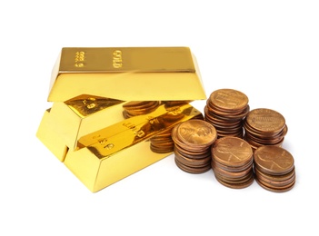 Gold bars and coins on white background