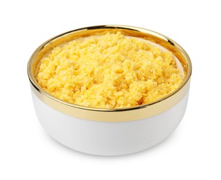 Photo of Tasty cornmeal in bowl isolated on white