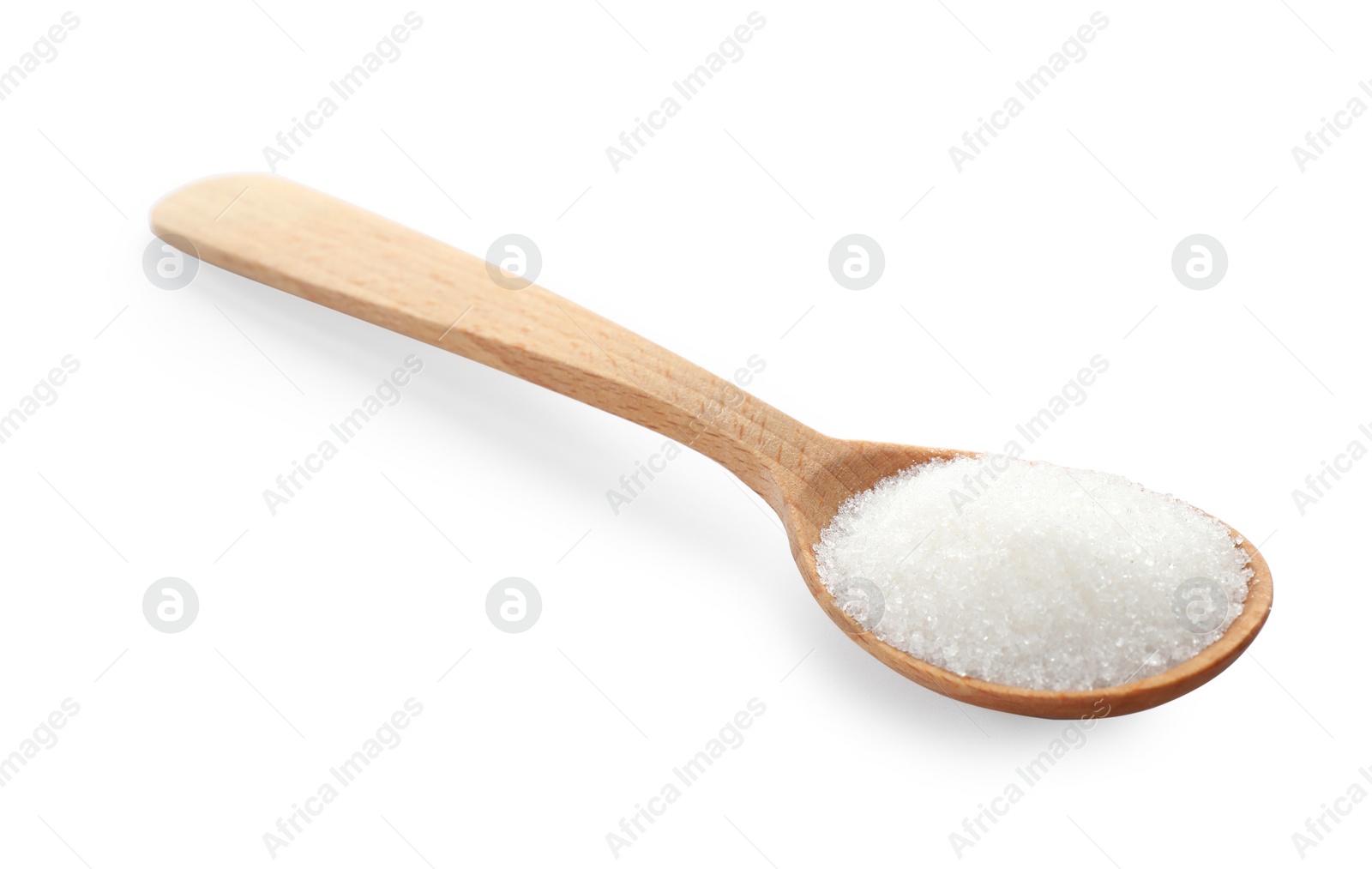 Photo of Granulated sugar in spoon isolated on white