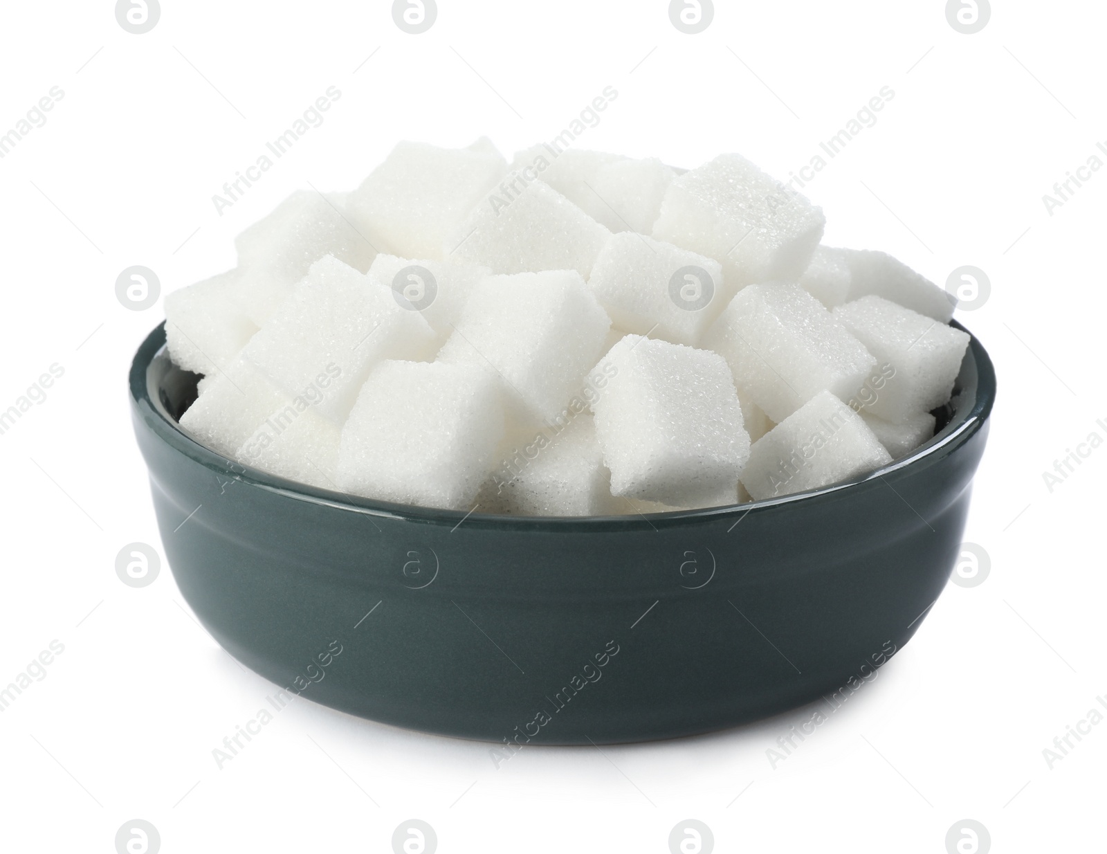 Photo of Bowl of sugar cubes isolated on white