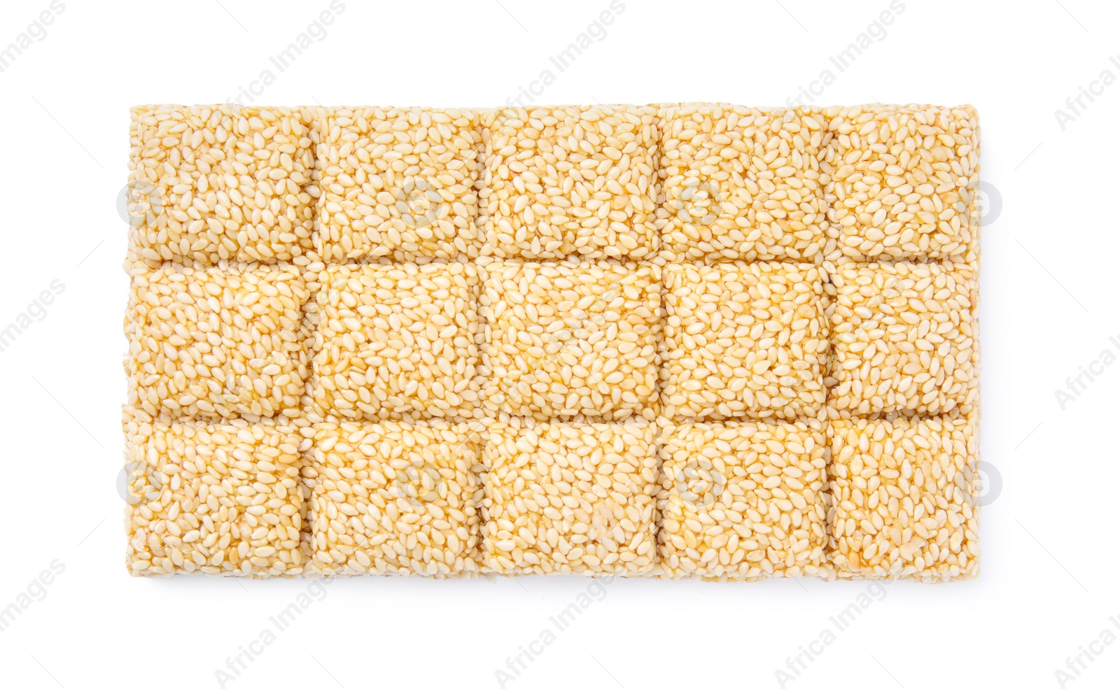 Photo of Delicious sesame kozinaki bar isolated on white, top view