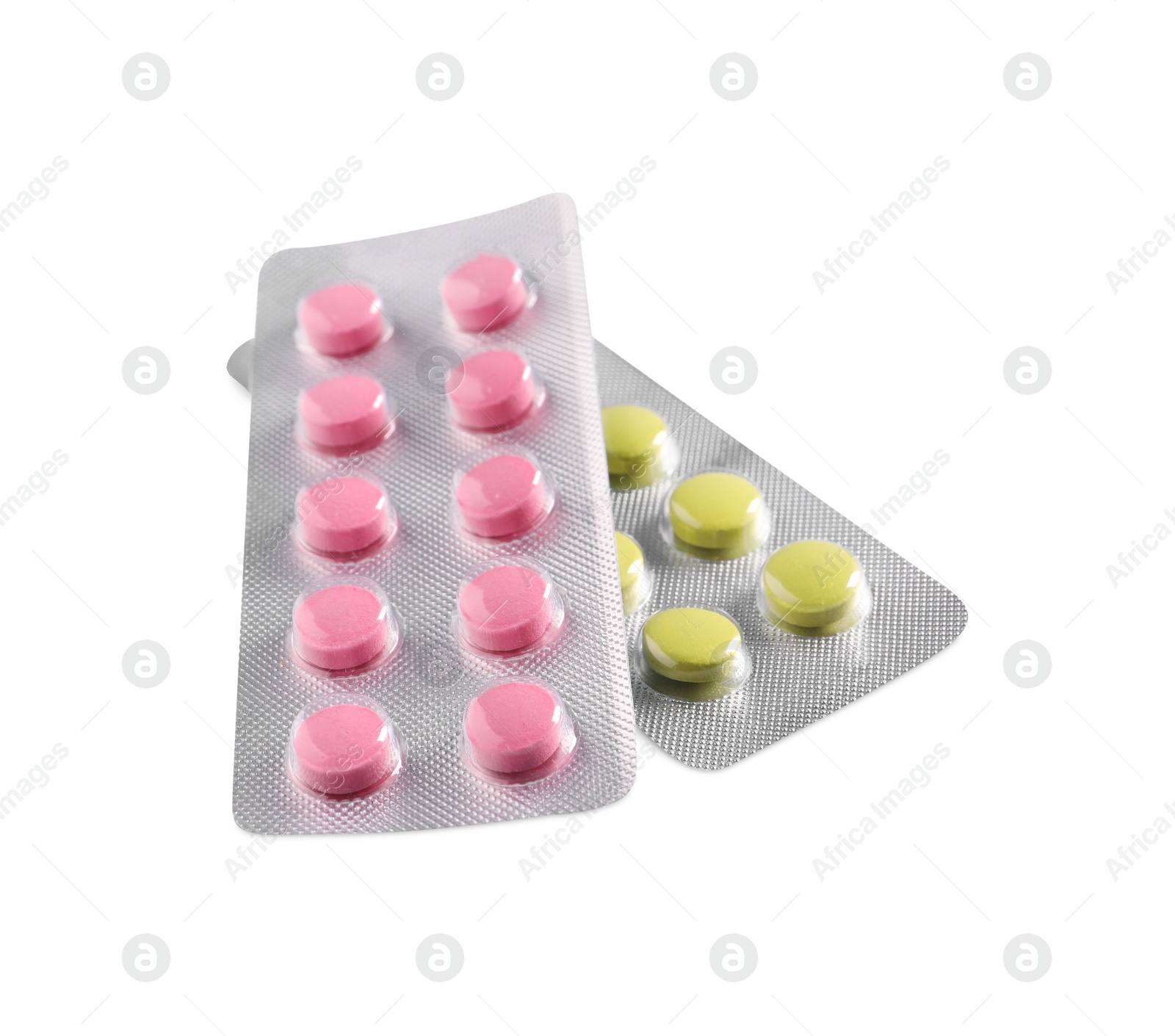 Photo of Blisters with different pills on white background