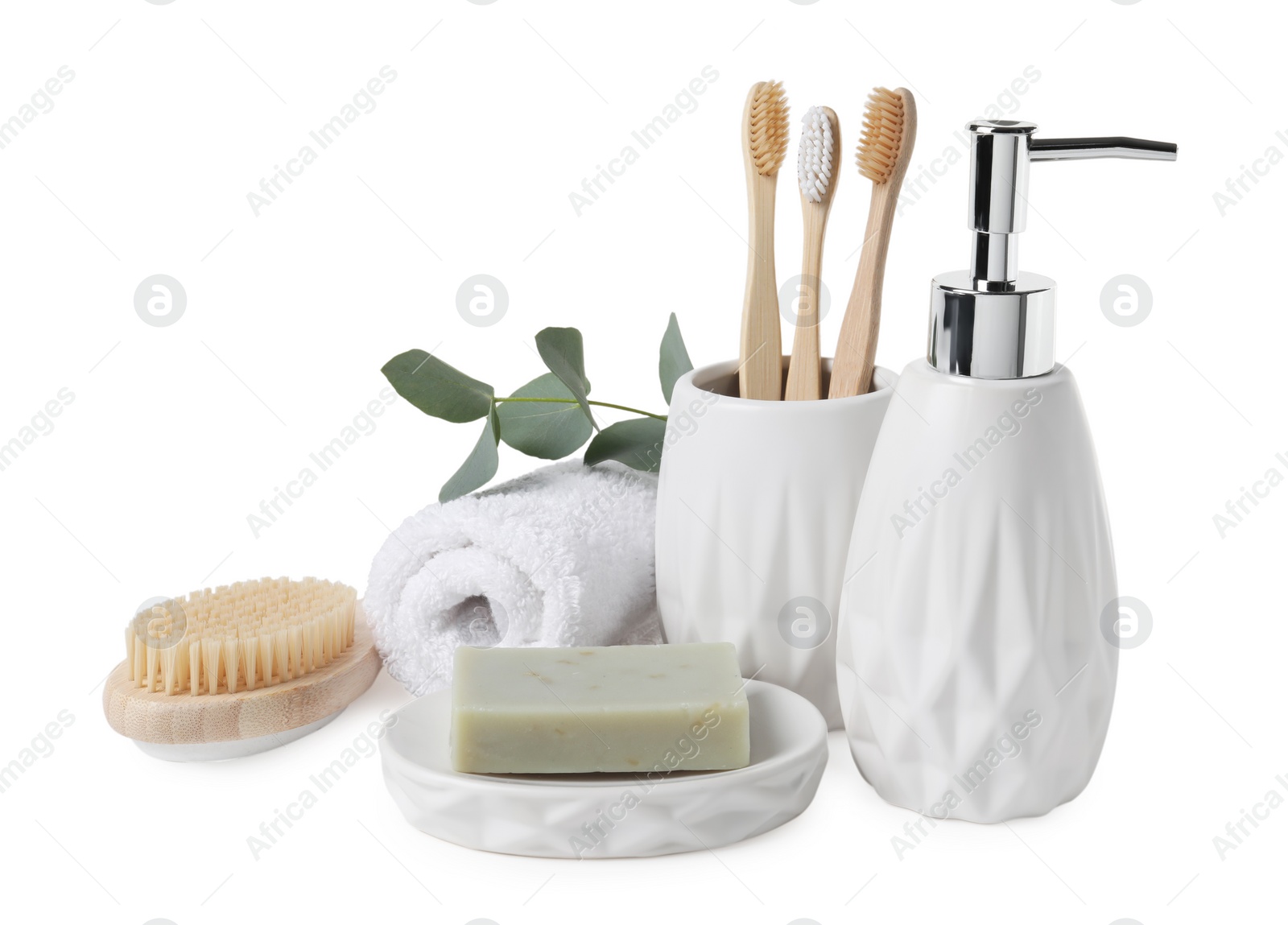 Photo of Bath accessories. Set of different personal care products and eucalyptus leaves isolated on white