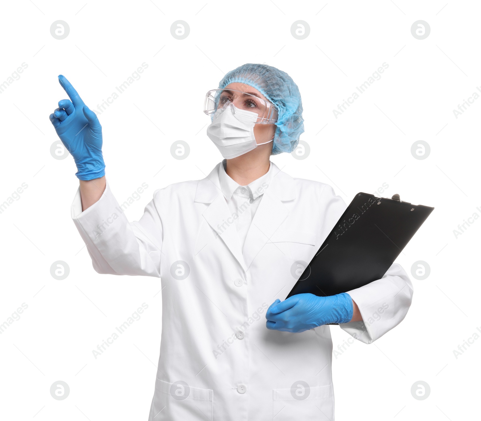 Photo of Quality control. Food inspector with clipboard on white background