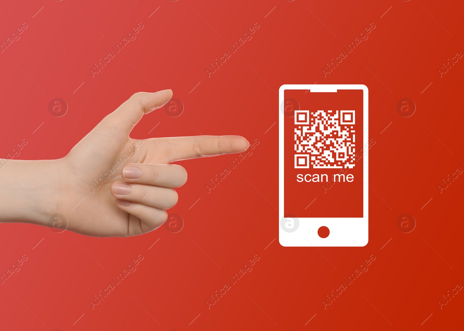 Image of Woman pointing at illustration of QR code on red background, closeup