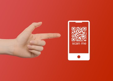 Woman pointing at illustration of QR code on red background, closeup