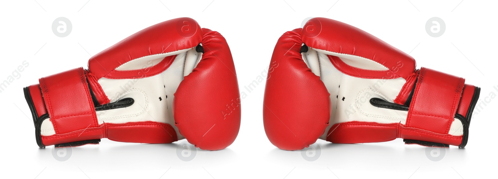 Image of Red boxing gloves on white background. Banner design