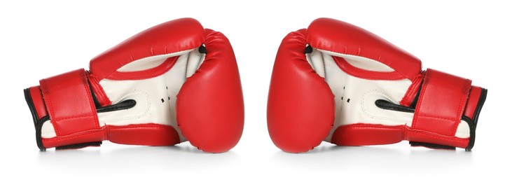 Image of Red boxing gloves on white background. Banner design
