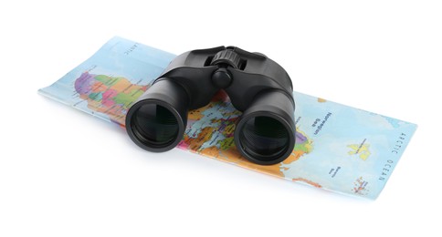 Modern binoculars and map on white background