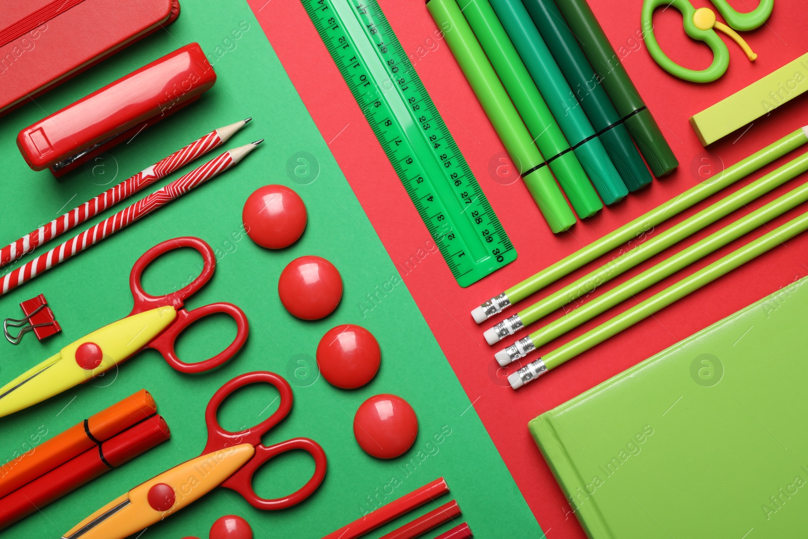 Photo of Flat lay composition with stationery on color background