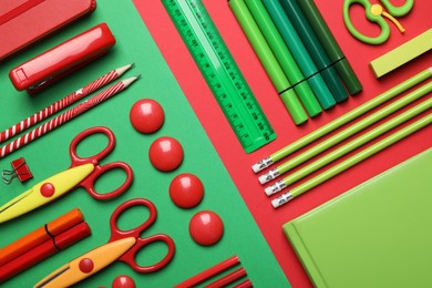 Photo of Flat lay composition with stationery on color background