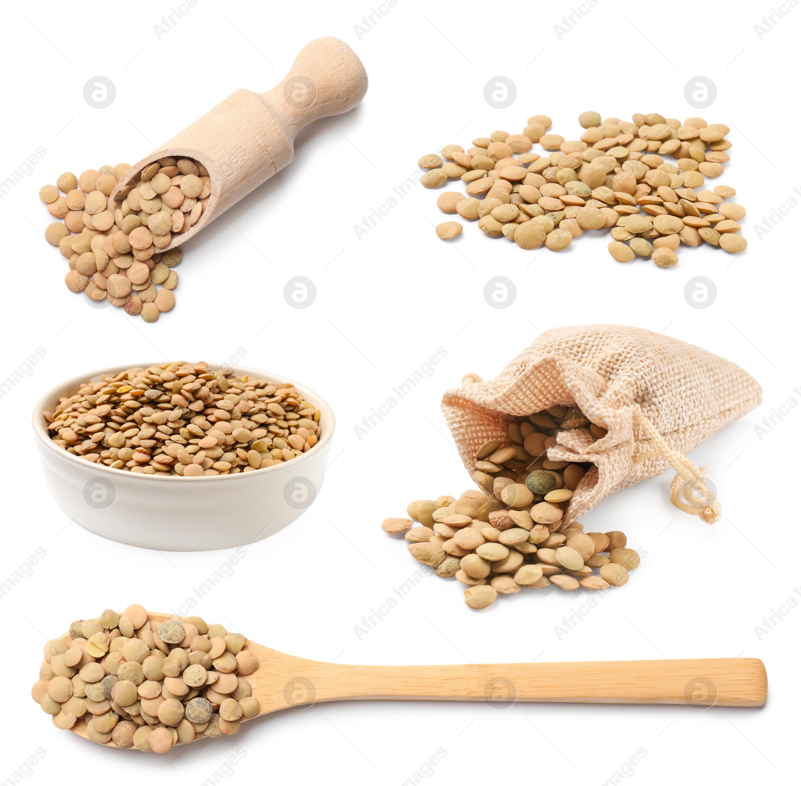 Image of Raw lentil seeds on white background, set