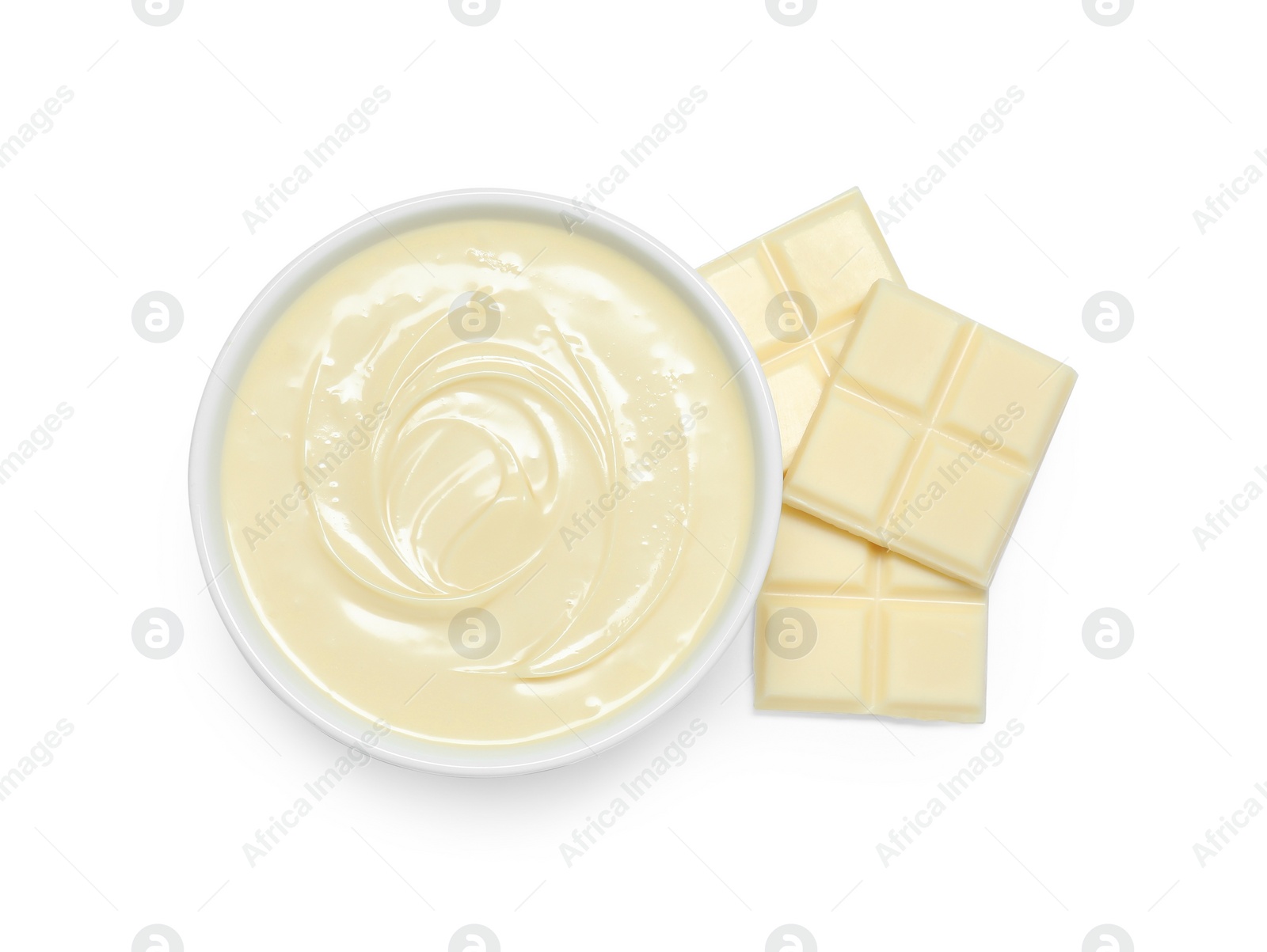 Photo of Tasty chocolate paste in bowl and pieces isolated on white, top view