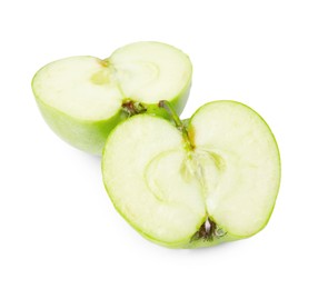 Photo of Halves of ripe green apple on white background