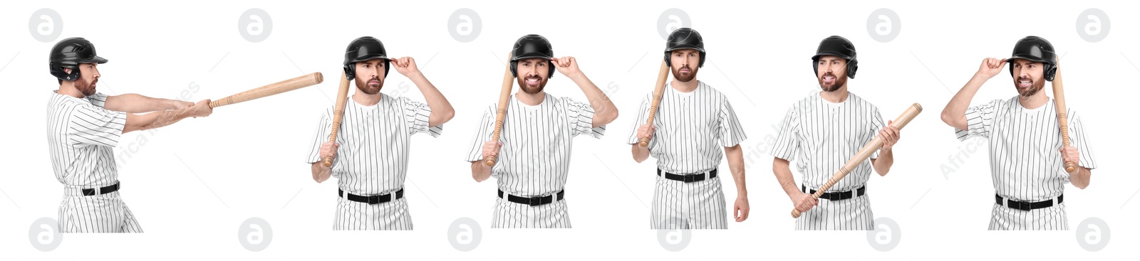 Image of Baseball player with bat on white background, set of photos