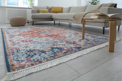 Photo of Stylish living room with beautiful carpet and furniture, closeup. Interior design