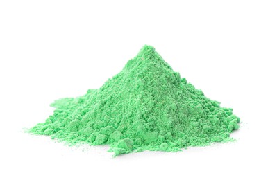 Photo of Green powder dye on white background. Holi festival
