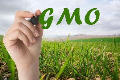 GMO concept. Closeup view of woman with marker and green field