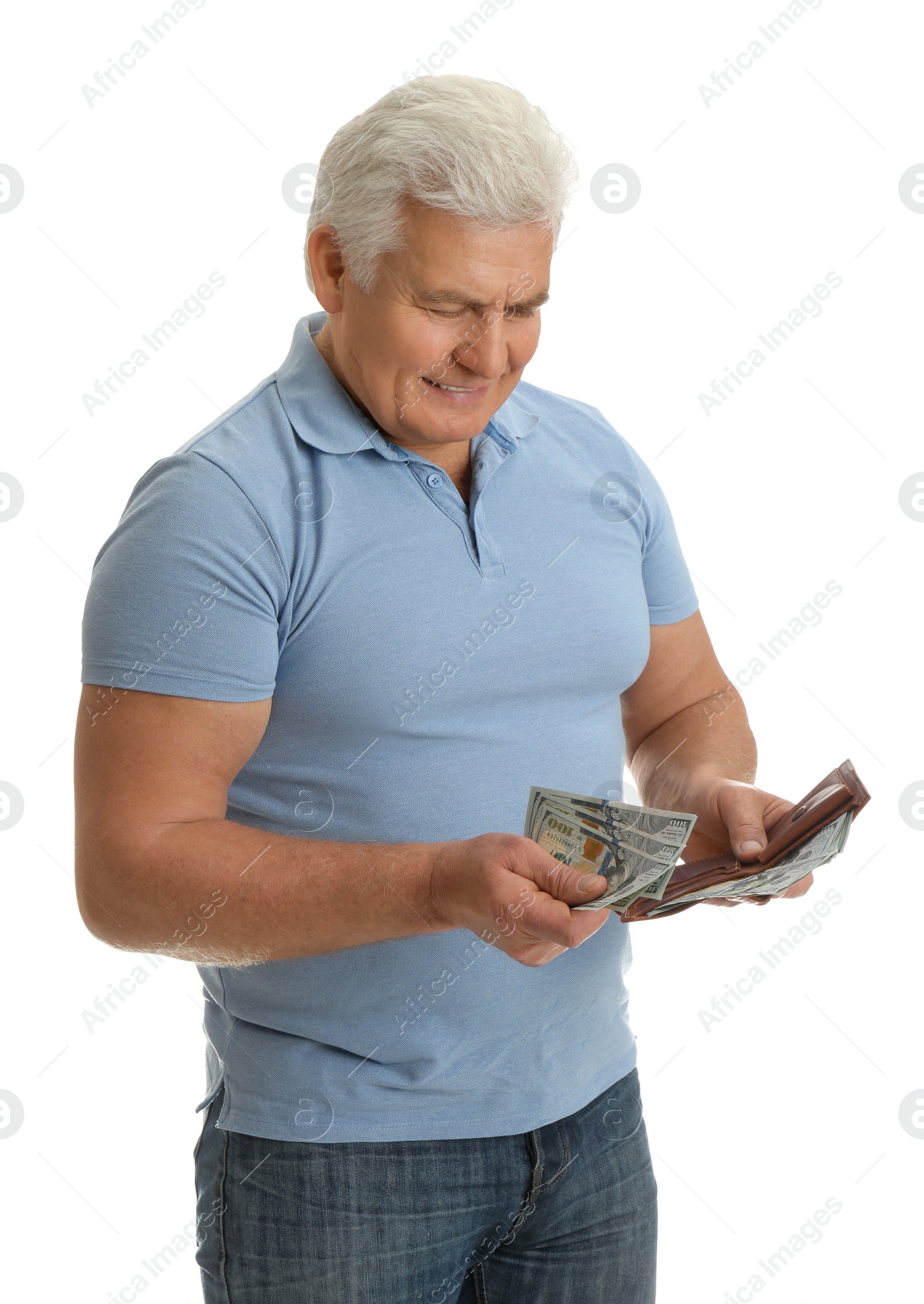 Photo of Happy senior man with cash money and wallet on white background