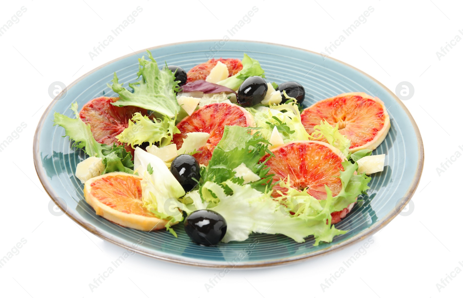 Photo of Plate of delicious sicilian orange salad isolated on white