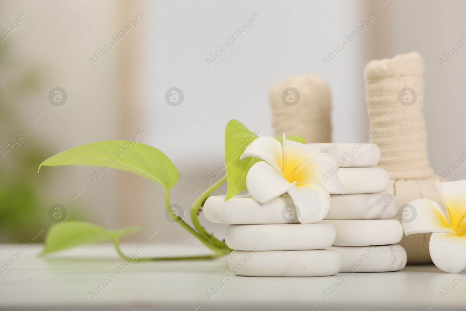 Photo of Spa composition. Herbal bags, stones, plumeria flowers and green leaves on white table, closeup