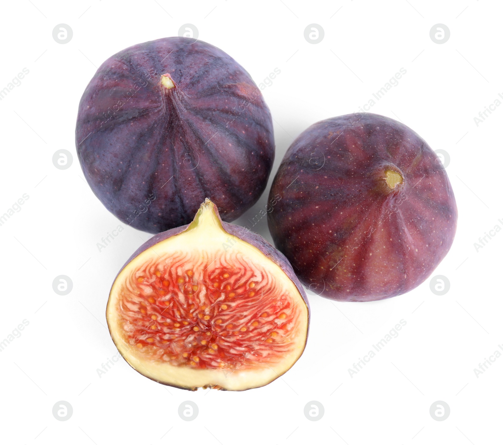 Photo of Tasty fresh fig fruits on white background, top view