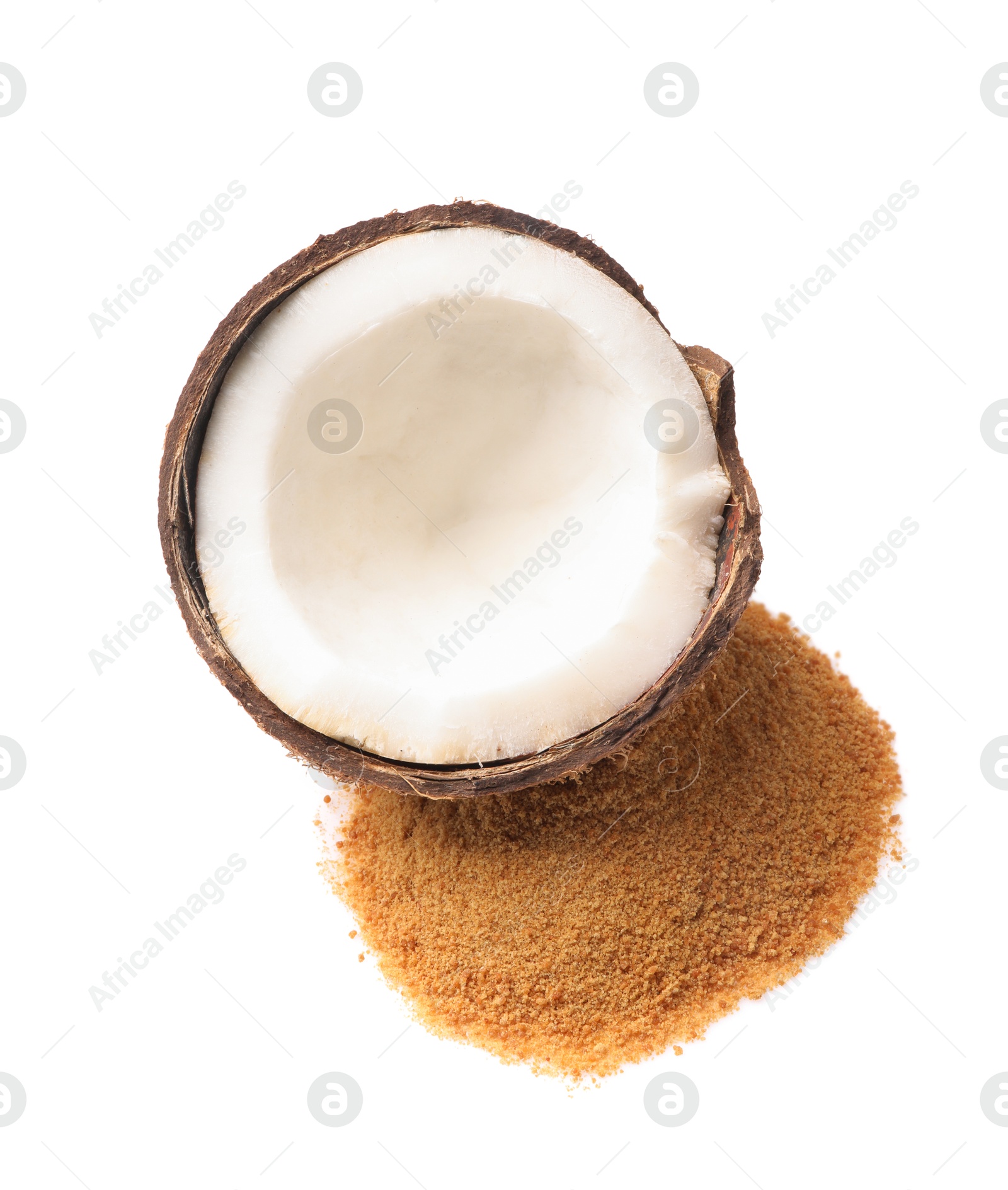 Photo of Coconut sugar and fruit isolated on white, top view