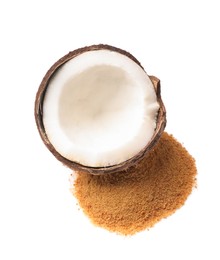 Photo of Coconut sugar and fruit isolated on white, top view