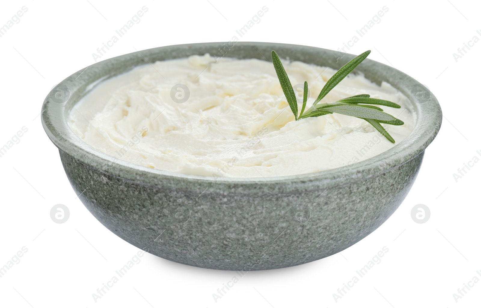 Photo of Delicious tofu cream cheese with rosemary in bowl isolated on white