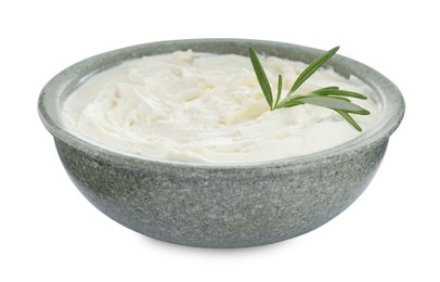 Photo of Delicious tofu cream cheese with rosemary in bowl isolated on white