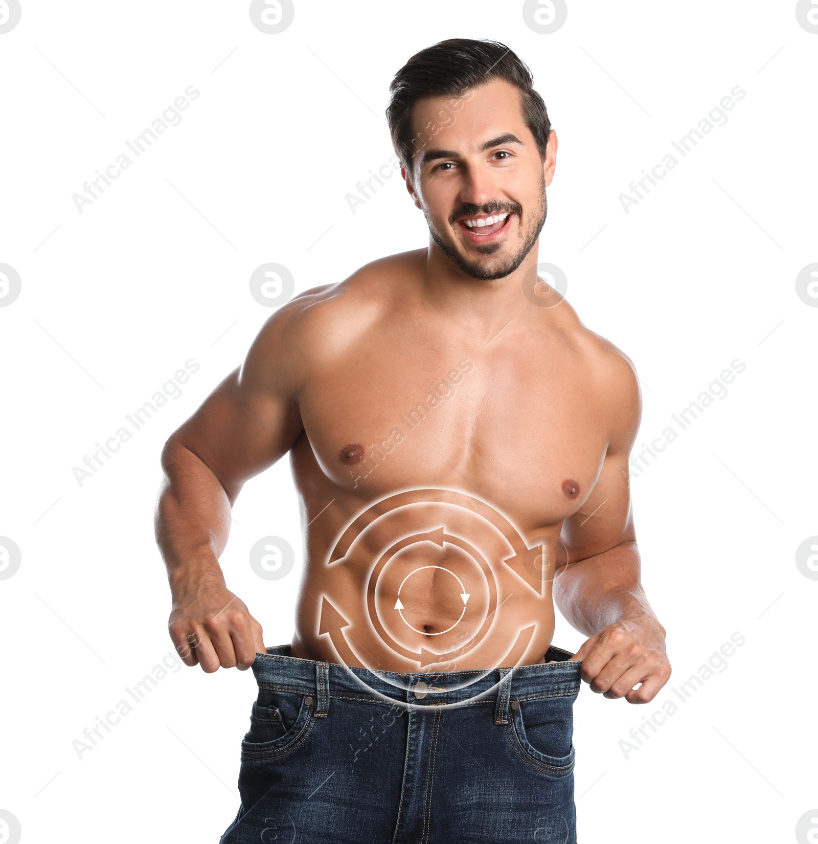 Image of Metabolism concept. Handsome man with perfect body on white background