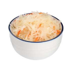 Photo of Bowl of tasty sauerkraut with carrot on white background