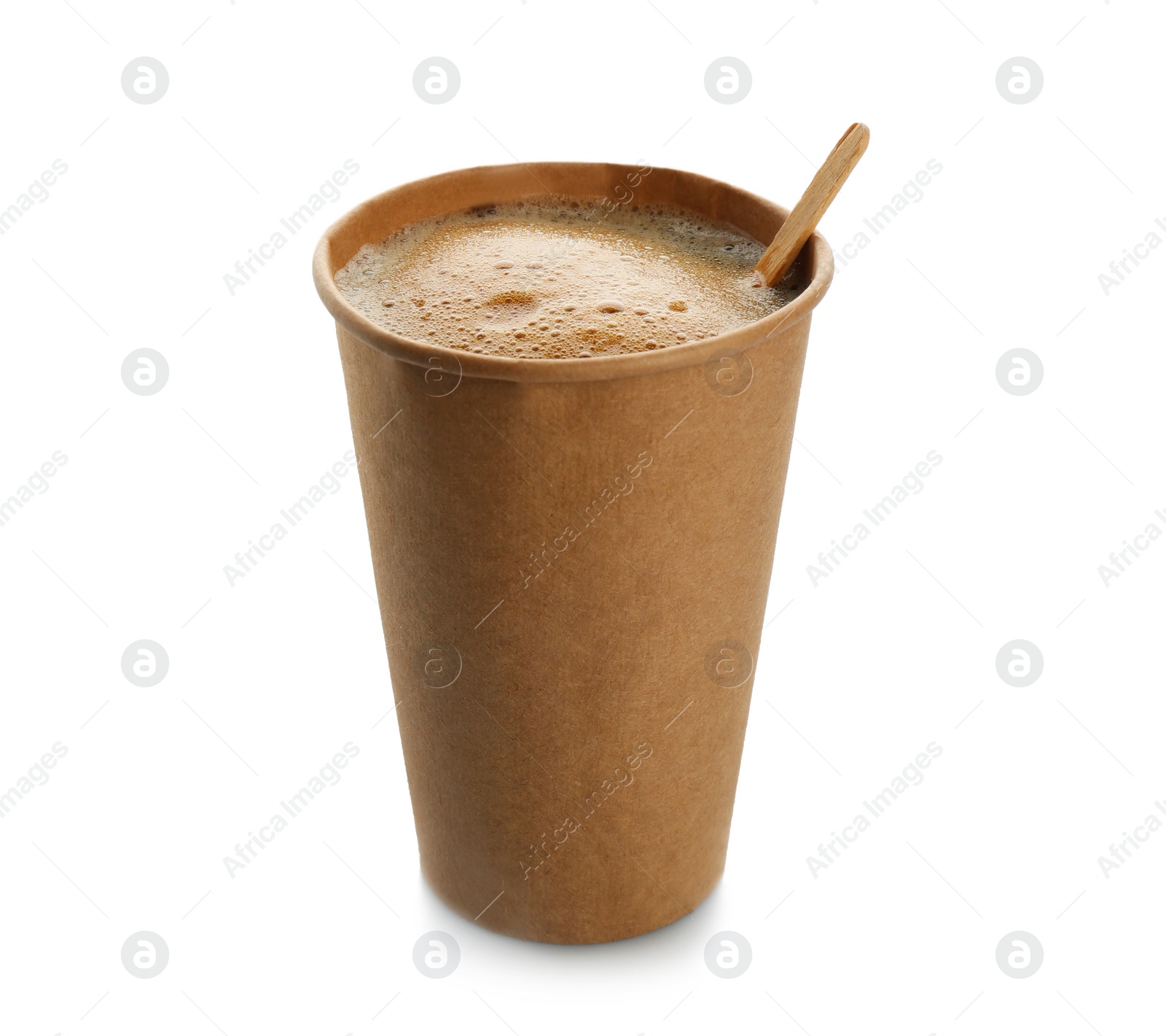 Photo of Aromatic coffee in takeaway paper cup on white background. Space for design