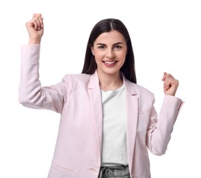 Photo of Beautiful emotional businesswoman posing on white background