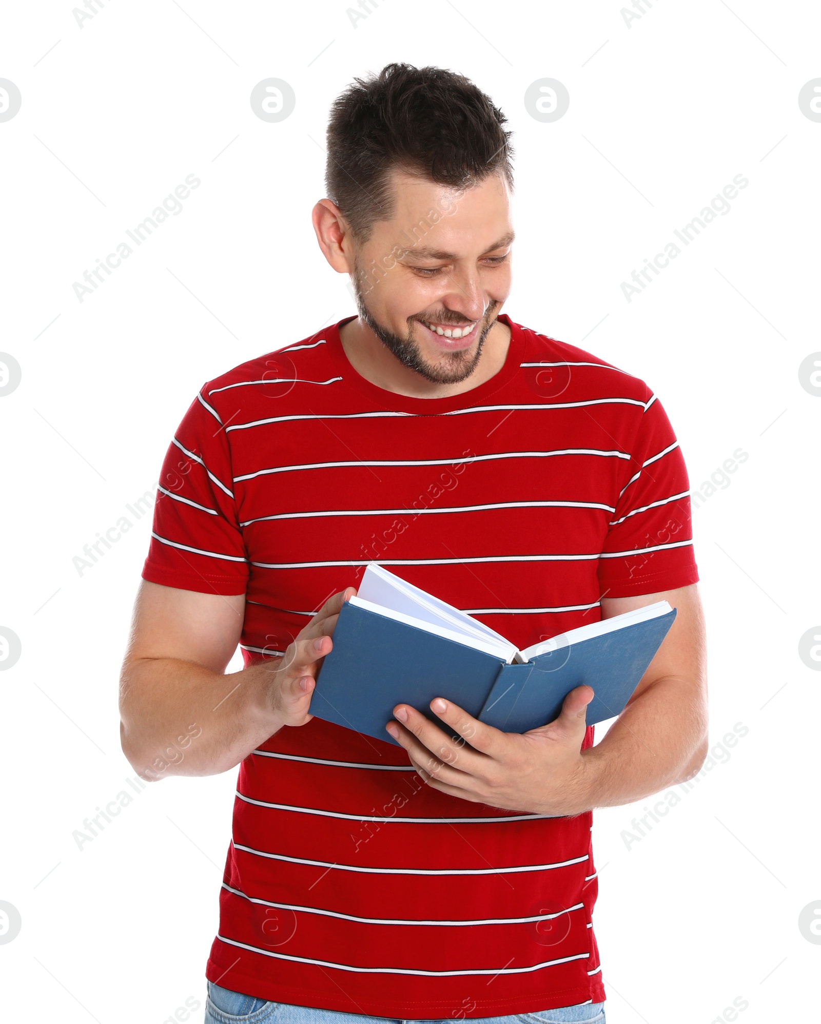 Photo of Handsome man reading book on white background