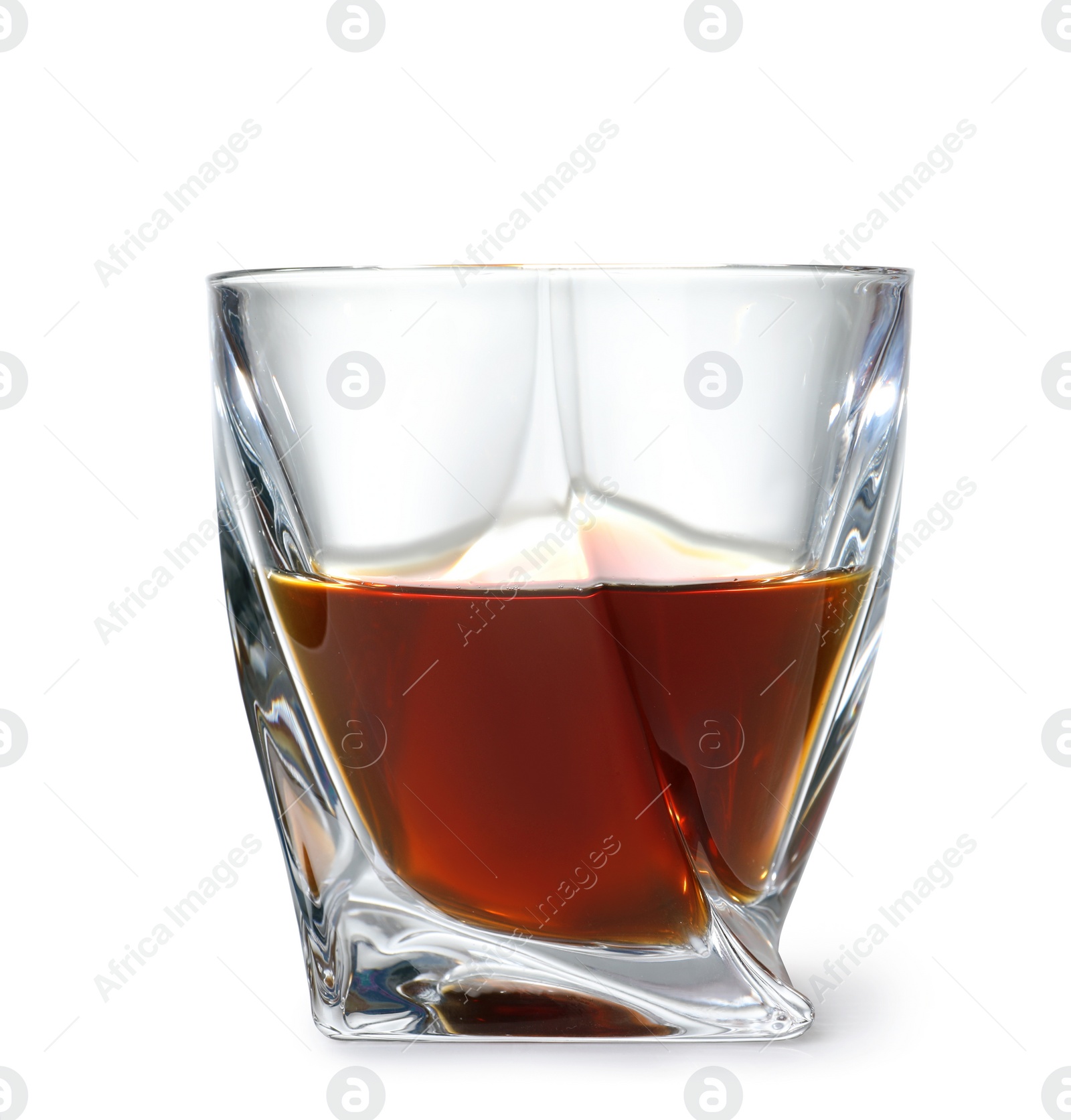 Photo of Glass of scotch whiskey on white background