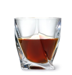 Glass of scotch whiskey on white background