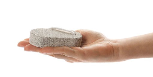 Photo of Woman holding pumice stone on white background, closeup