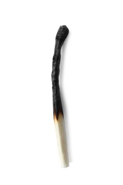 Burnt match on white background, top view