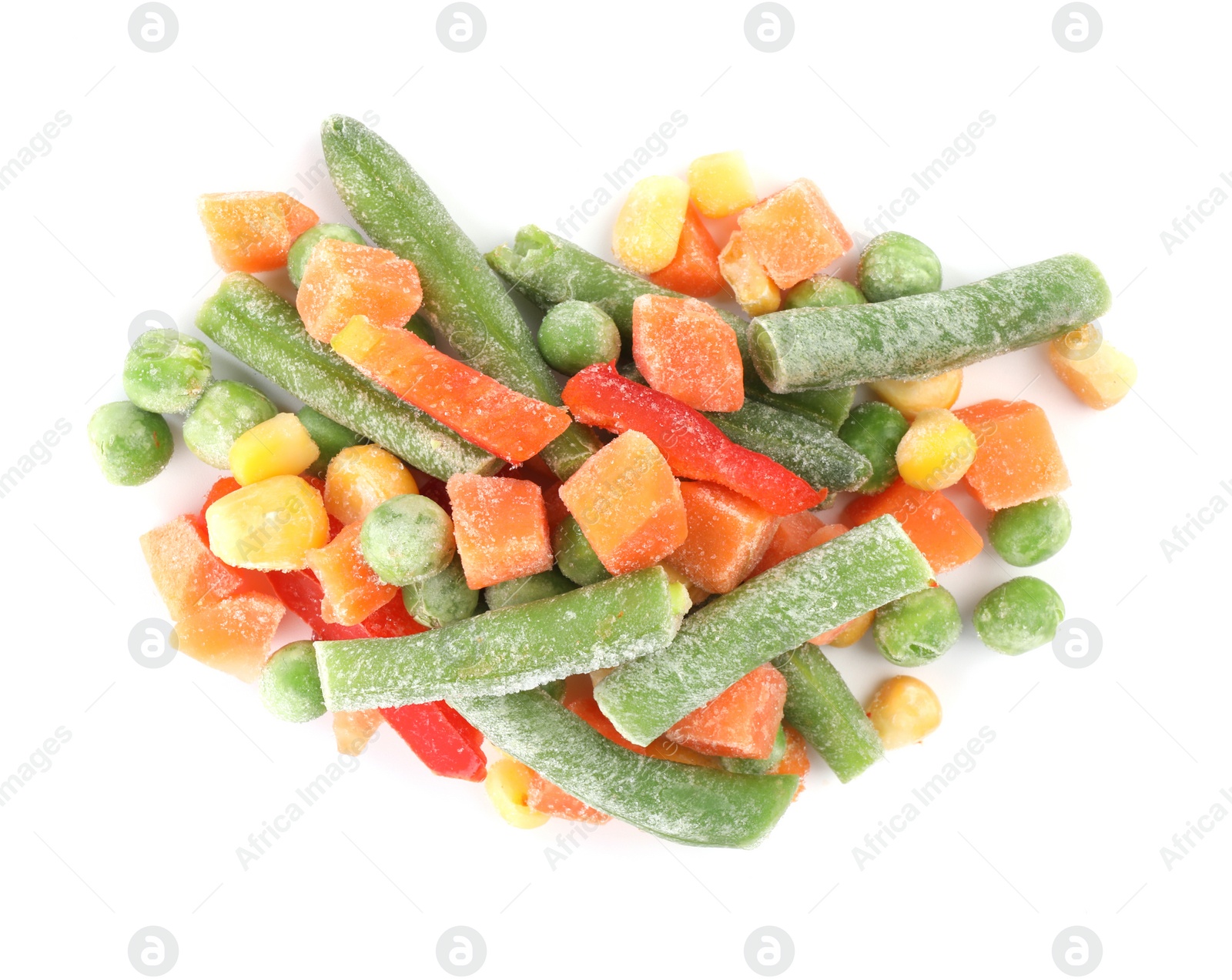 Photo of Mix of different frozen vegetables isolated on white, top view