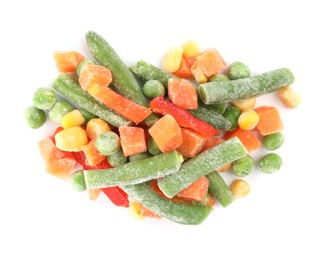 Photo of Mix of different frozen vegetables isolated on white, top view