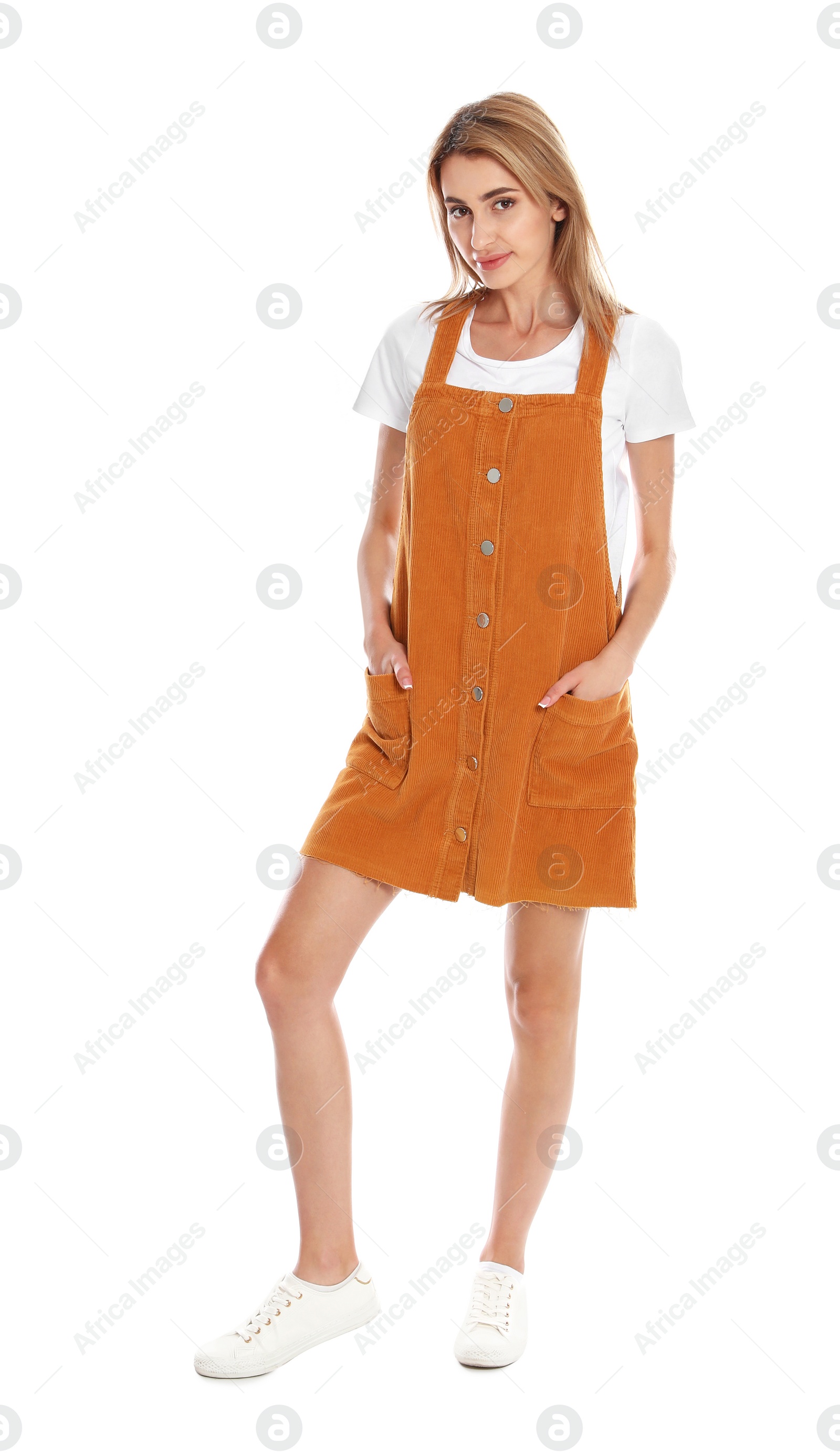 Photo of Beautiful young woman posing on white background