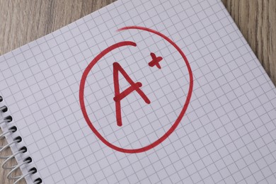 School grade. Red letter A with plus symbol on notebook paper on table, top view