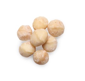 Photo of Delicious shelled Macadamia nuts isolated on white, top view