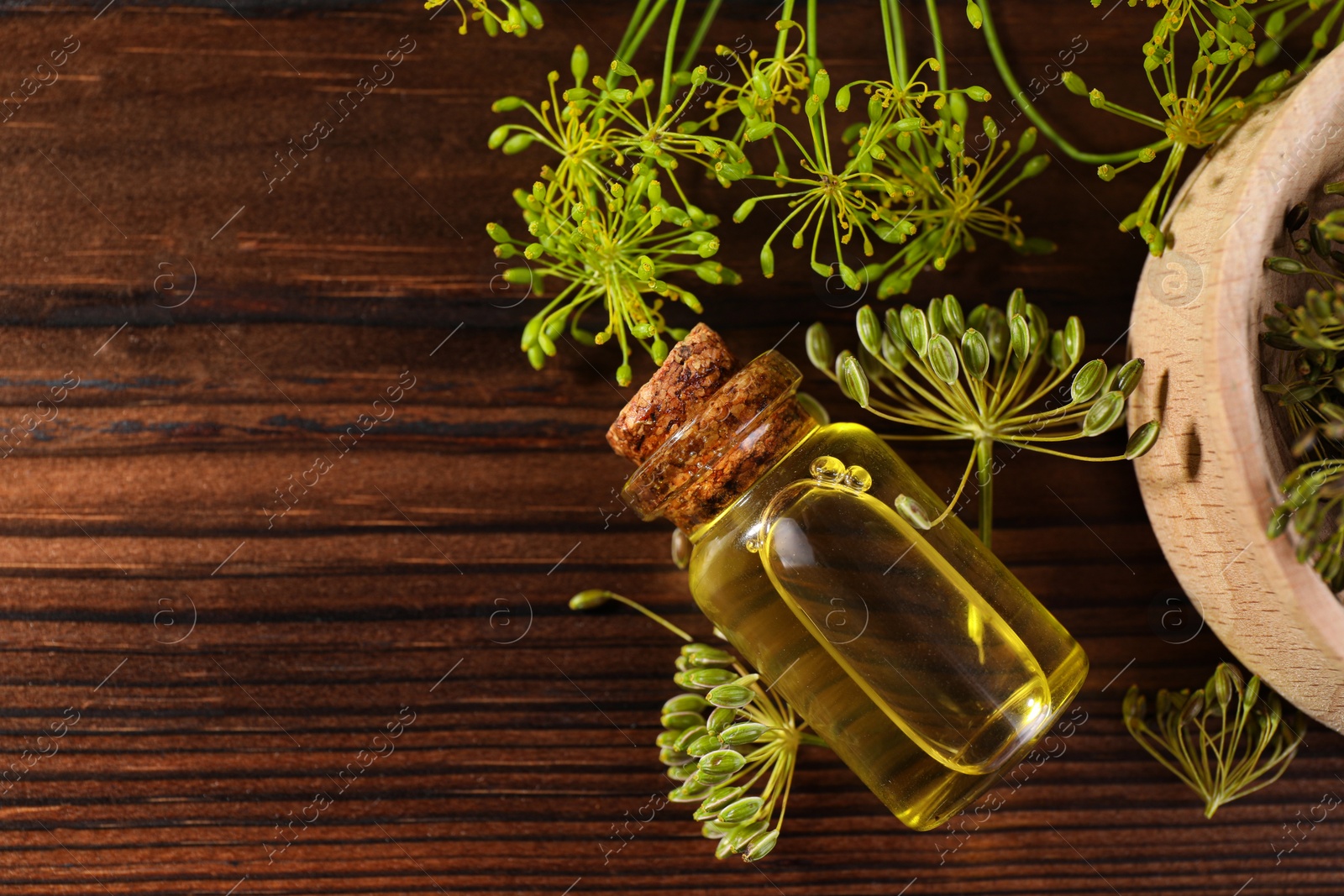 Photo of Bottle of essential oil and fresh dill on wooden table, flat lay. Space for text