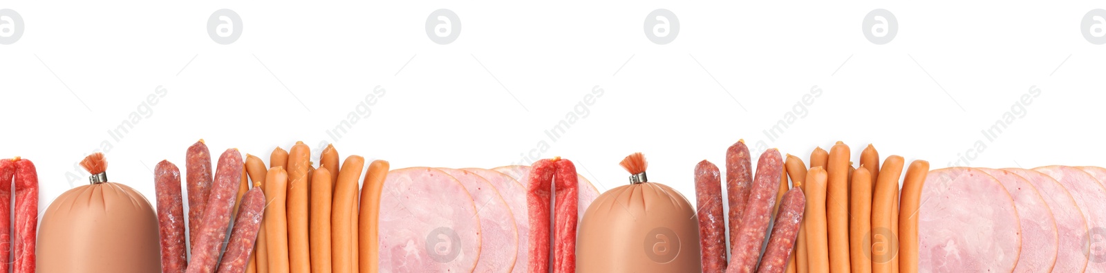 Image of Many different tasty sausages on white background, top view. Banner design