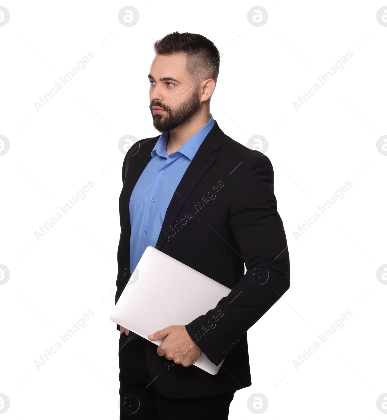 Photo of Portrait of serious man with laptop on white background. Lawyer, businessman, accountant or manager