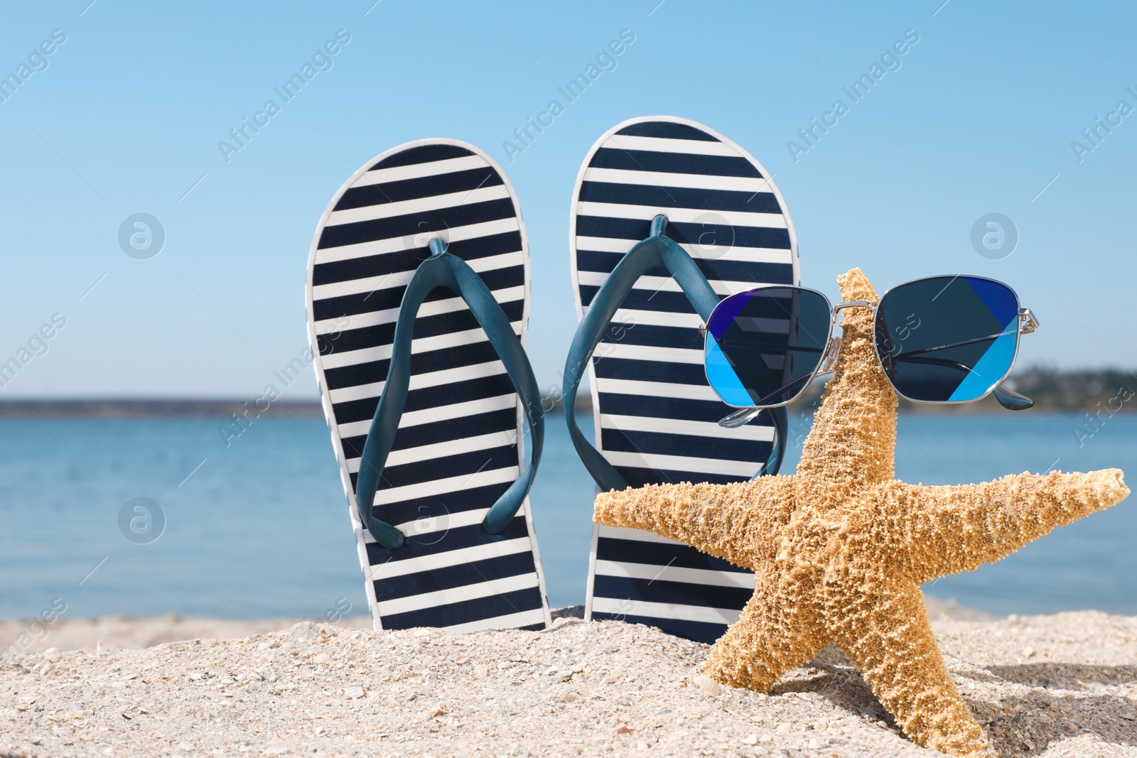 Photo of Stylish flip flops, sunglasses and starfish on sandy beach